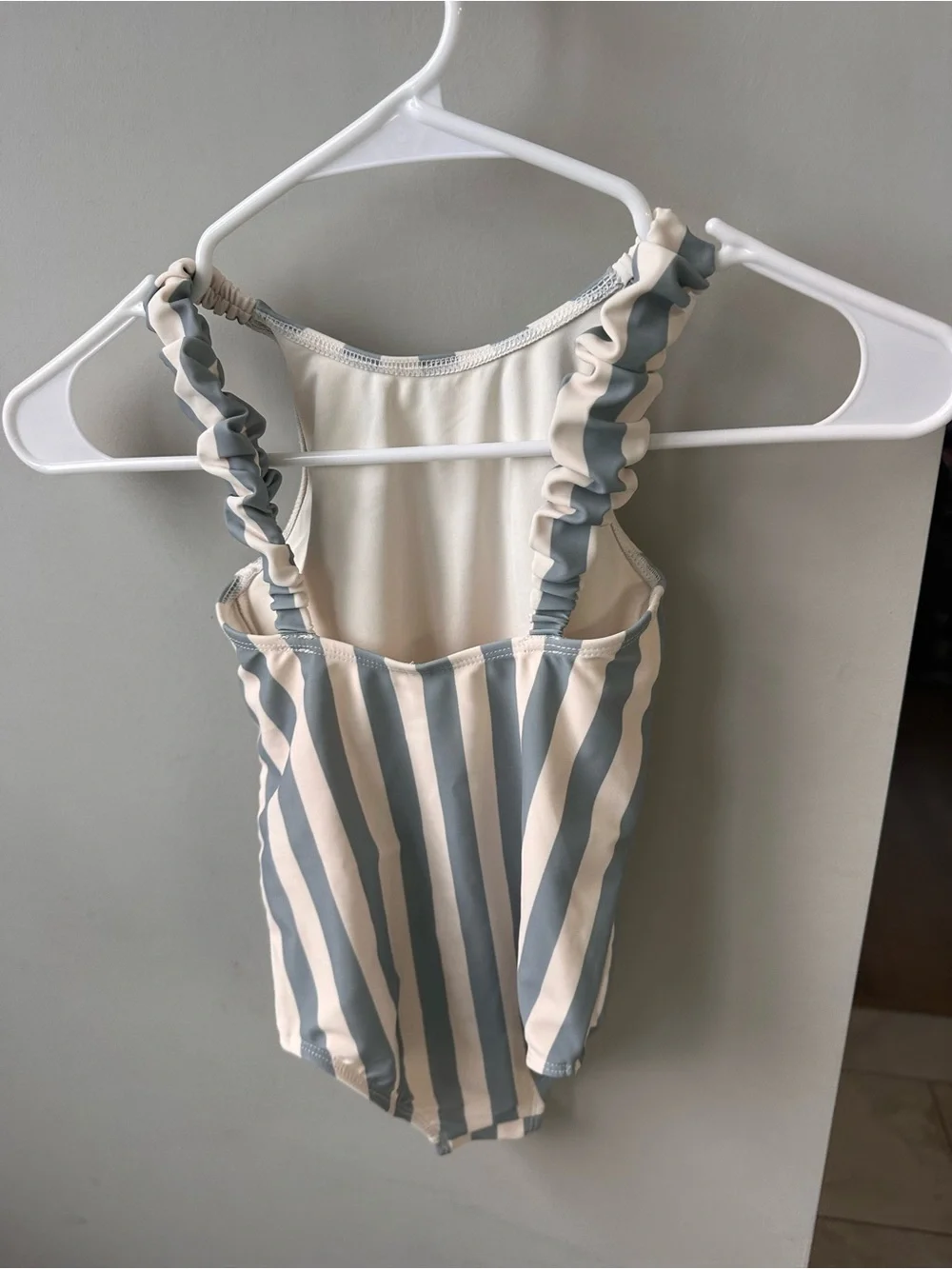 Rylee + Cru Blue and Cream Striped Ruffle Shoulder One-Piece
